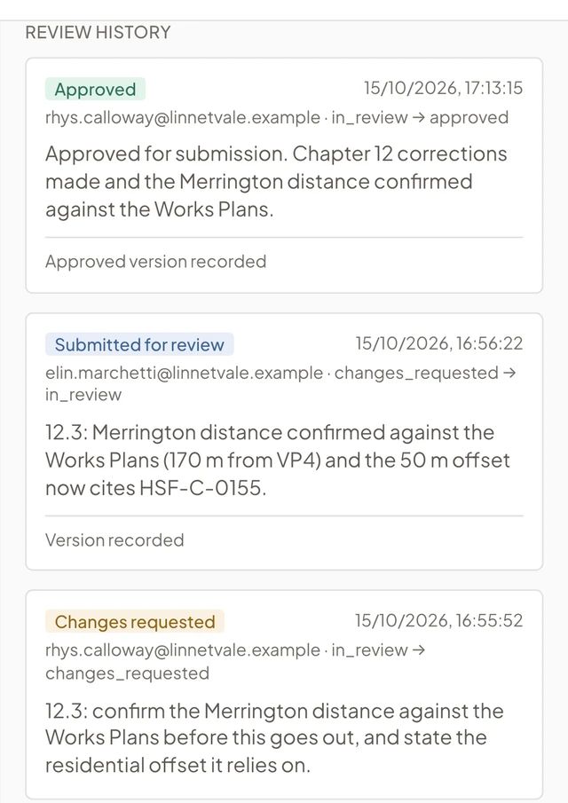 Environmental Statement marked Approved, with the review history showing who approved it, when, and the reason they gave.