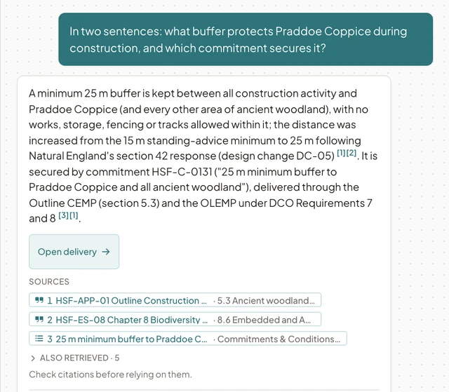 Ask AI sources list. Each numbered source names the document and the section or paragraph, for example Chapter 8 Biodiversity section 8.6 and the Outline Construction Environmental Management Plan section 5.4, or a commitments register entry.