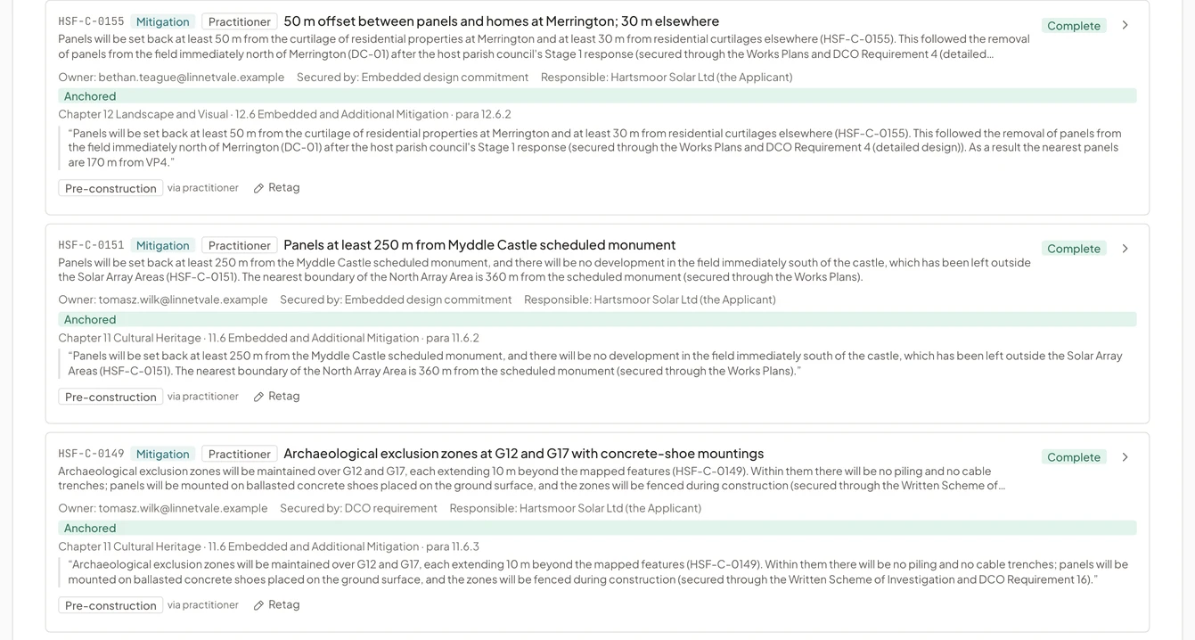 Commitments register entries for Hartsmoor Solar Farm. Each shows a reference, the commitment, its owner, how it is secured, the chapter and paragraph it came from and the quoted sentence.