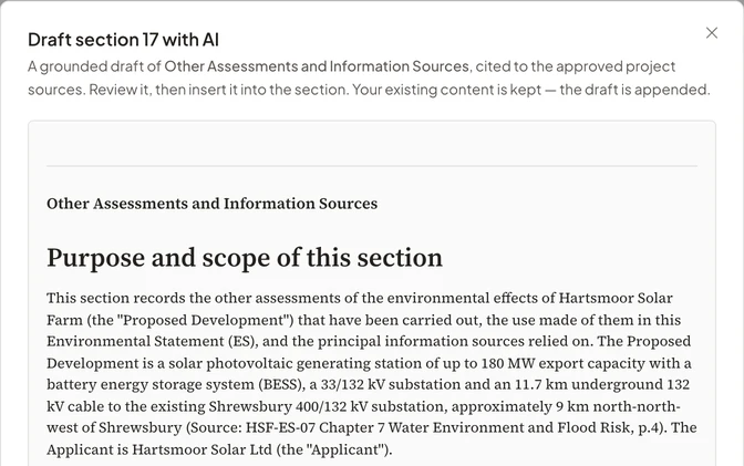 Environmental Statement section drafted with Draft with AI, with its source references.