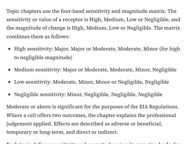 Text from an Environmental Statement explaining how receptor sensitivity and magnitude of change determine significance.