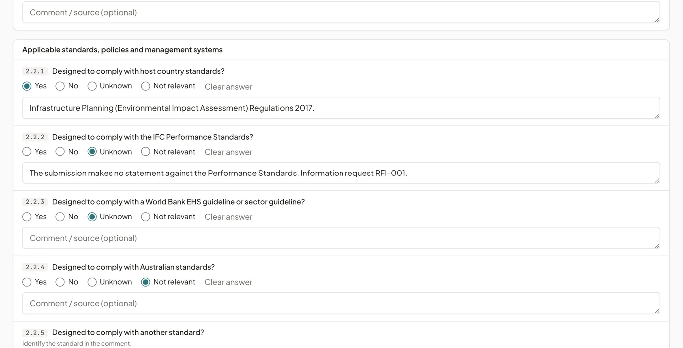 A review checklist on a lender’s review, open at the section on applicable standards, policies and management systems, with each item answered Yes, No, Unknown or Not relevant and a comment under some of them.
