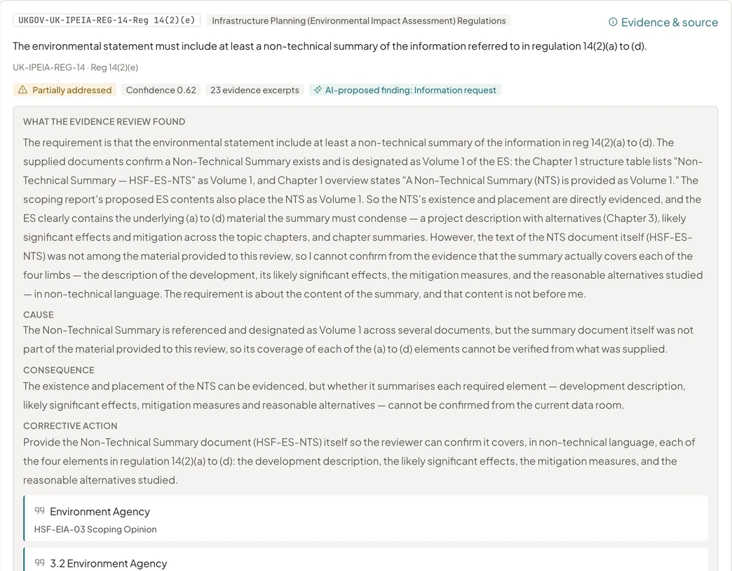 The card for regulation 14(2)(e) of the Infrastructure Planning (Environmental Impact Assessment) Regulations 2017, the non-technical summary, marked Partially addressed with the proposed finding Information request, what the evidence review found, the cause, consequence and corrective action, and the first quoted passages with the documents they came from.