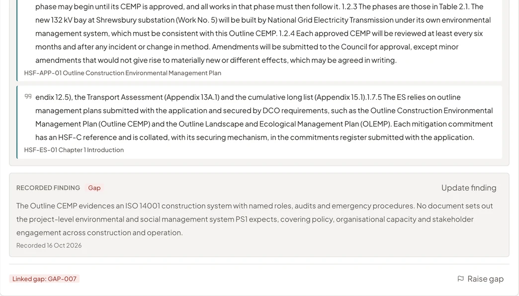 A requirement card in an independent review. It shows the requirement text, the evidence status Partially addressed, what the evidence review found, quoted passages from the Outline Construction Environmental Management Plan with their paragraph numbers, and the reviewer’s recorded finding with her note.