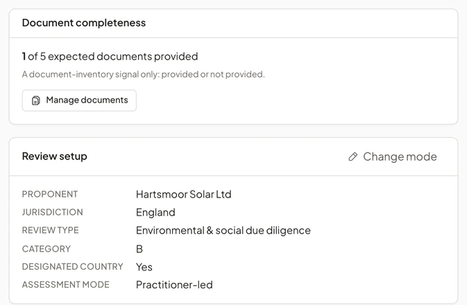 The overview of an independent review named Hartsmoor Solar Farm environmental and social due diligence, showing review progress, the standards it is reviewed against, document completeness and the review setup with proponent, jurisdiction, review type and category.