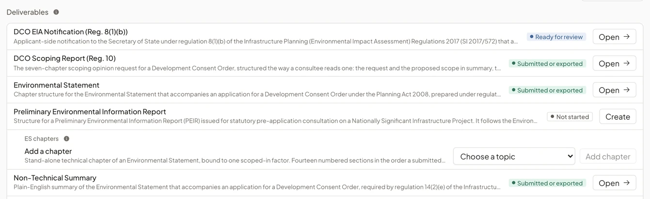Reports screen listing the project’s deliverables, including the scoping report, Environmental Statement and Non-Technical Summary, each with its status.