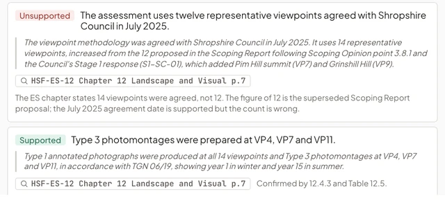 Review with AI results for a chapter, listing each claim with its verdict and the quoted source passage and page.