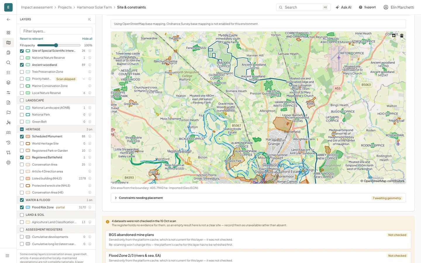 Site map for Hartsmoor Solar Farm showing the site boundary, the designated sites around it and the layer panel.